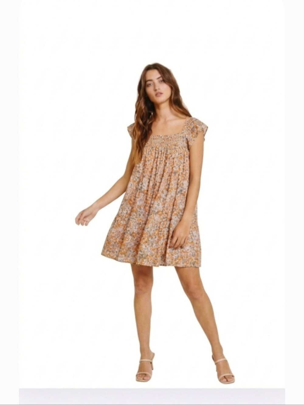 NWT Natural Life Floral Smocked Dress Medium Flutter Sleeve Mini Babydoll Boho